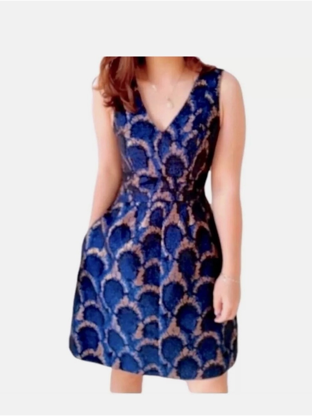 J. Crew Navy and Beige Floral Jacquard V-Neck Mini Dress